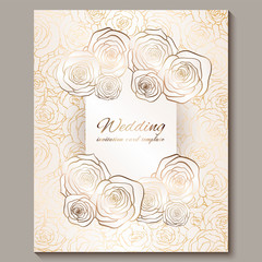 Luxury gold vintage wedding invitation, floral background with place for text, lacy foliage made of roses with golden shiny gradient. Victorian wallpaper ornaments, baroque style template for design