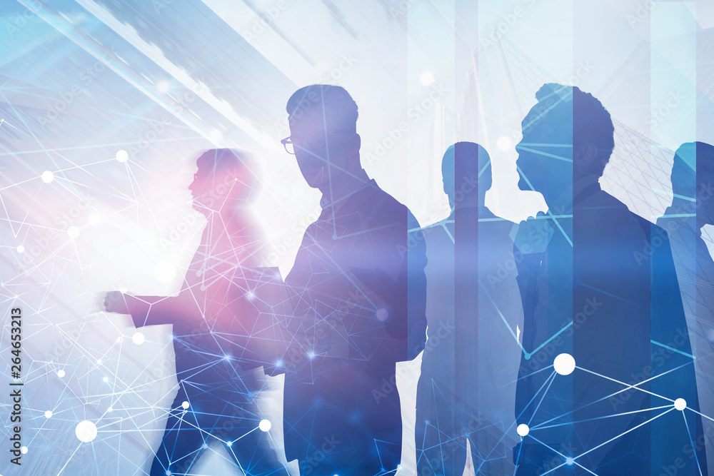 Poster diverse business team using connection interface