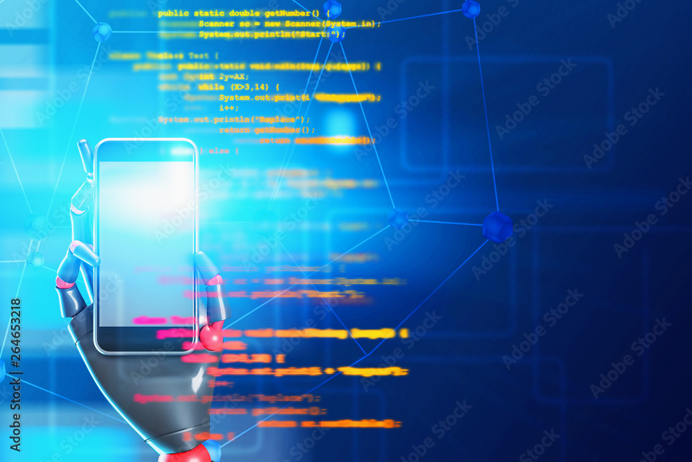 Aufkleber robot hand with phone, lines of code background