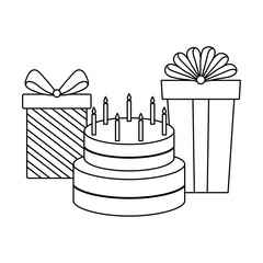sweet cake of birthday with gift boxes present