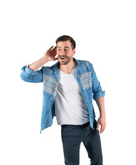 Casual young man overhearing conversation