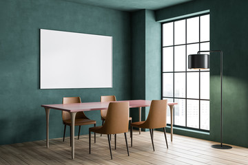 Green dining room interior with poster