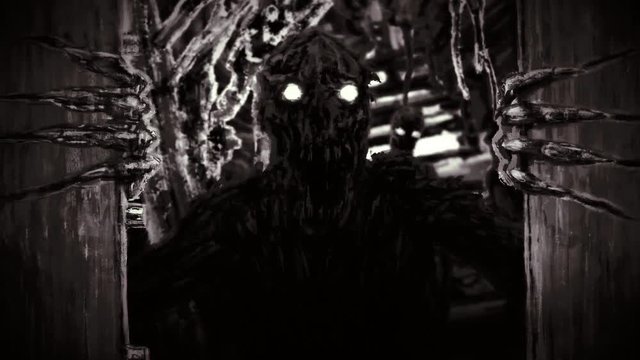 Enraged zombie monster opens bunker doors and growls. 2D animation in horror fiction genre. Scary face character in monochrome color. Angry devil head. Scary alien face. Spooky animated short film.