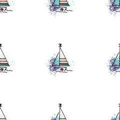 Nautical pattern yachts silhouette on wave.