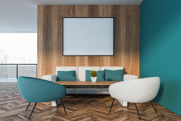 Blue and wood living room with balcony and poster