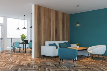 Blue and wooden living room and dining room