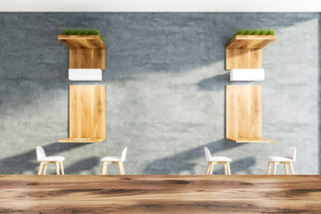 Minimalistic cafe interior with table, blur