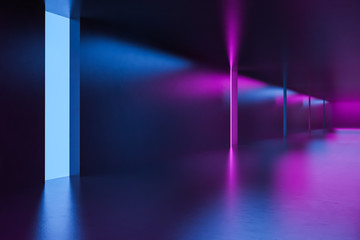 Futuristic empty corridor with neon lights