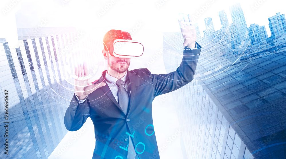 Poster man in vr glasses, hud interface and code