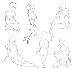Collection. Silhouettes of lovely ladies. Beautiful girls are sitting in different poses. The figures of women are naked, feminine and slender. Set of vector illustrations