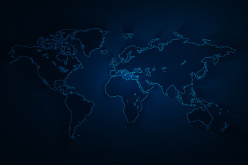 world map created with line on blue background, vector