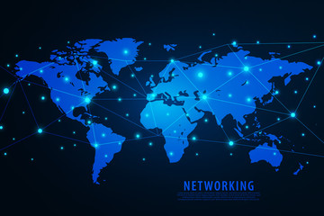 Global network connection background, blue world map, vector