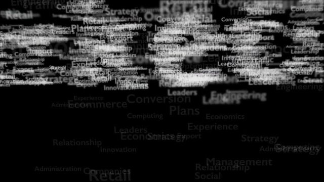 Black background with subject words, which deal with marketing. The bold word is situated on the centre of composition. Close up. Copy space. 3D. Animatiom. 4K.