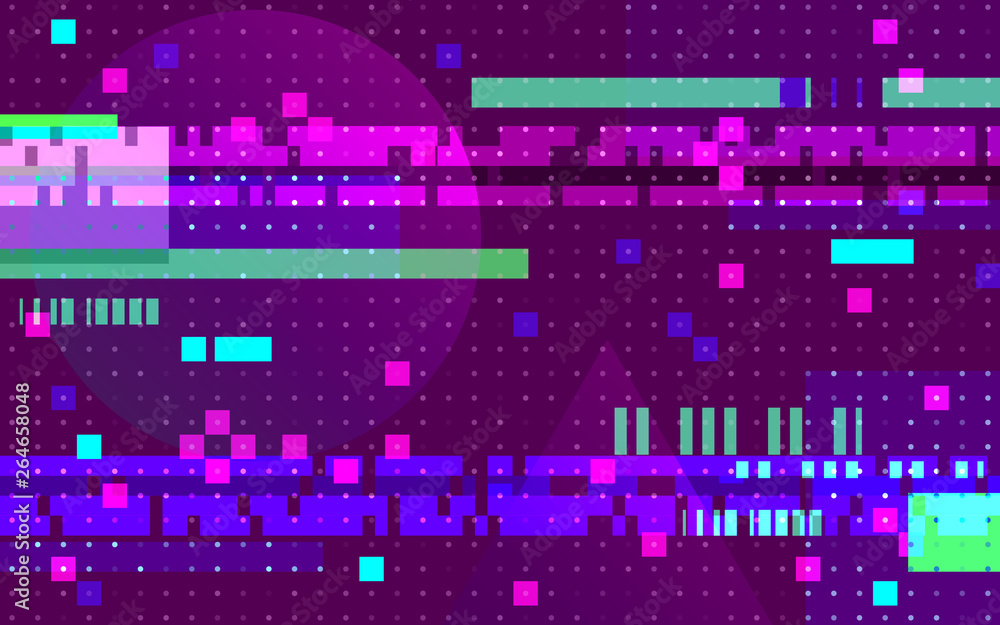 Poster glitch geometric distortion background. abstract color pixels on purple backdrop. random color lines