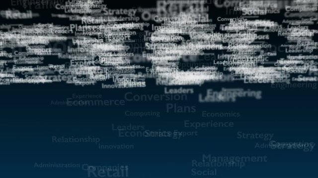 Deep blue background with subject words, which deal with marketing. The bold word is situated on the centre of composition. Close up. Copy space. 3D. Animatiom. 4K.