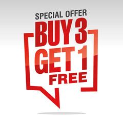 Buy 3 get 1 free in brackets speech red white isolated sticker icon