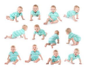 Set of cute little baby crawling on white background