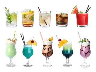 Set of different delicious cocktails on white background
