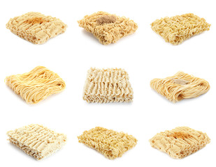 Set of different quick cooking noodles on white background
