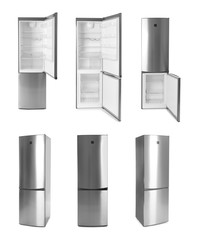 Set of modern refrigerators on white background