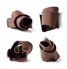 Set of delicious chocolate curls on white background