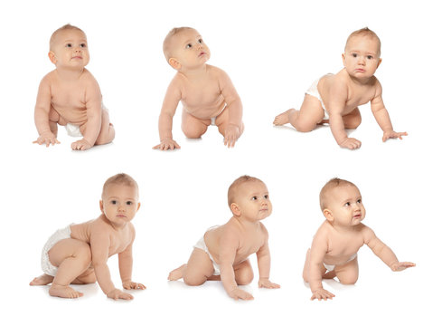 Set of cute little baby crawling on white background