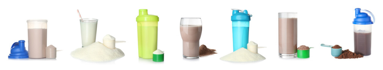 Set of different delicious protein shakes on white background