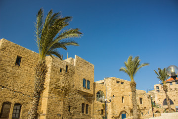ancient Jewish city Jaffa on Mediterranean waterfront district in Israel old yellow brick small...