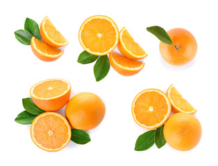 Set of ripe juicy oranges on white background, top view