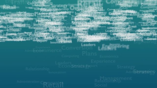 Light blue background with subject words, which deal with marketing. The bold word is situated on the centre of composition. Close up. Copy space. 3D. Animatiom. 4K.
