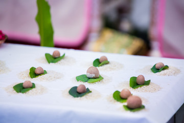 Indian pre wedding ritual pooja items close up