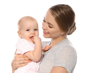 Portrait of happy mother with her baby isolated on white