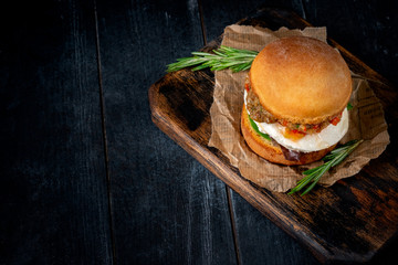 Vegetable homemade Burger made from fried eggplant, tomato, lettuce avocado and mozzarella cheese...