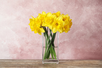 Bouquet of daffodils in vase on table against color background. Fresh spring flowers