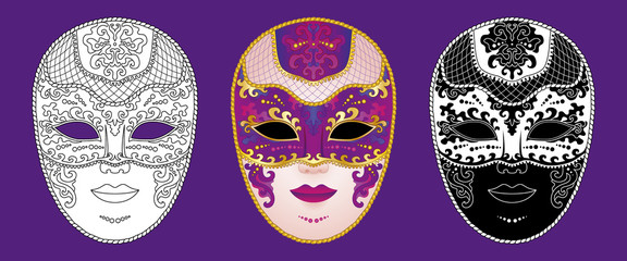 Set of 3 decorated Venetian carnival masks on a purple background