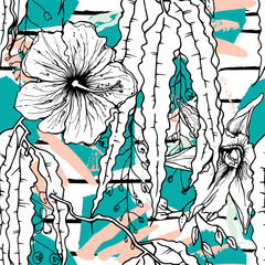 Tropical, stripe, animal motif. Seamless pattern