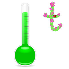 Thermometer and liana with flowers letter T on a white background. Vector illustration.