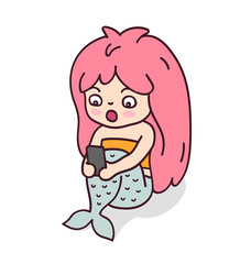 Surprised shocked little mermaid looking into the smartphone. Cute cartoon character for emoji, sticker, pin, patch, badge. Vector illustration.