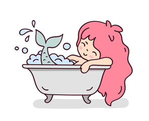 Mermaid taking a foam bath. Cute cartoon character for emoji, sticker, pin, patch and badge. Vector illustration.