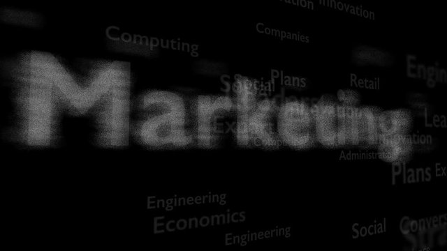 Black background with subject words, which deal with marketing. The bold word is situated on the centre of composition. Close up. Copy space. 3D. Animatiom. 4K.