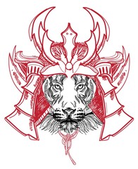 Tiger samurai. Samurai mask, an old Japanese mask. Freehand drawing in vintage style.