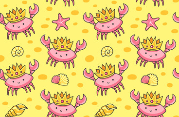 Cute crabs in the golden crowns on a sand background. Seamless pattern for textile, fabric, posters, decor, paper, wallpaper. Vector design for kids, children, babies.