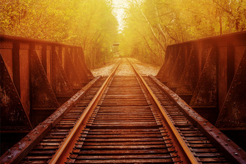 Artistic rendition on an old rusted railroad trestle crossing in the deep south. This steel riveted bridge is complemented by bright yellow sunlight and textured rusted metal.