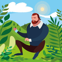 strong and bearded man seated in the field