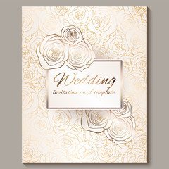 Luxury gold vintage wedding invitation, floral background with place for text, lacy foliage made of roses with golden shiny gradient. Victorian wallpaper ornaments, baroque style template for design