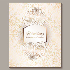 Luxury gold vintage wedding invitation, floral background with place for text, lacy foliage made of roses with golden shiny gradient. Victorian wallpaper ornaments, baroque style template for design