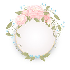 Round romantic frame with pink peonies on a white background, a wreath of flowers