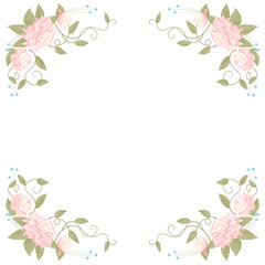 Fototapeta premium Square romantic frame with pink peonies on a white background, corner bouquets of flowers, decoration