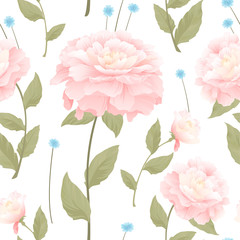 White seamless pattern with pink peonies, flower bouquets