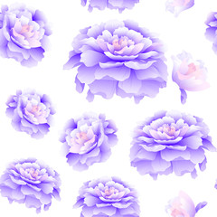 White seamless pattern with purple peonies, flower bouquets